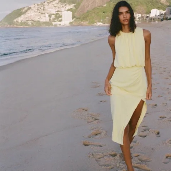 Zara Dresses & Skirts - Zara Ruched Butter Yellow Sleeveless Midi Dress Medium NWT
